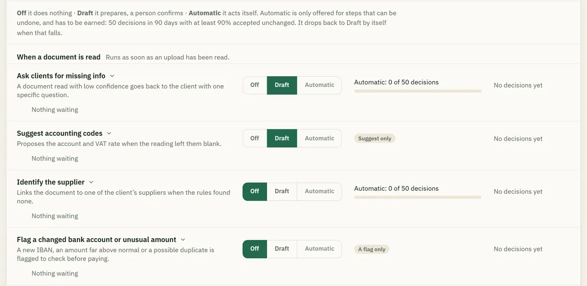 The AI colleague settings: per task a choice of Off, Draft or Automatic (demo data).