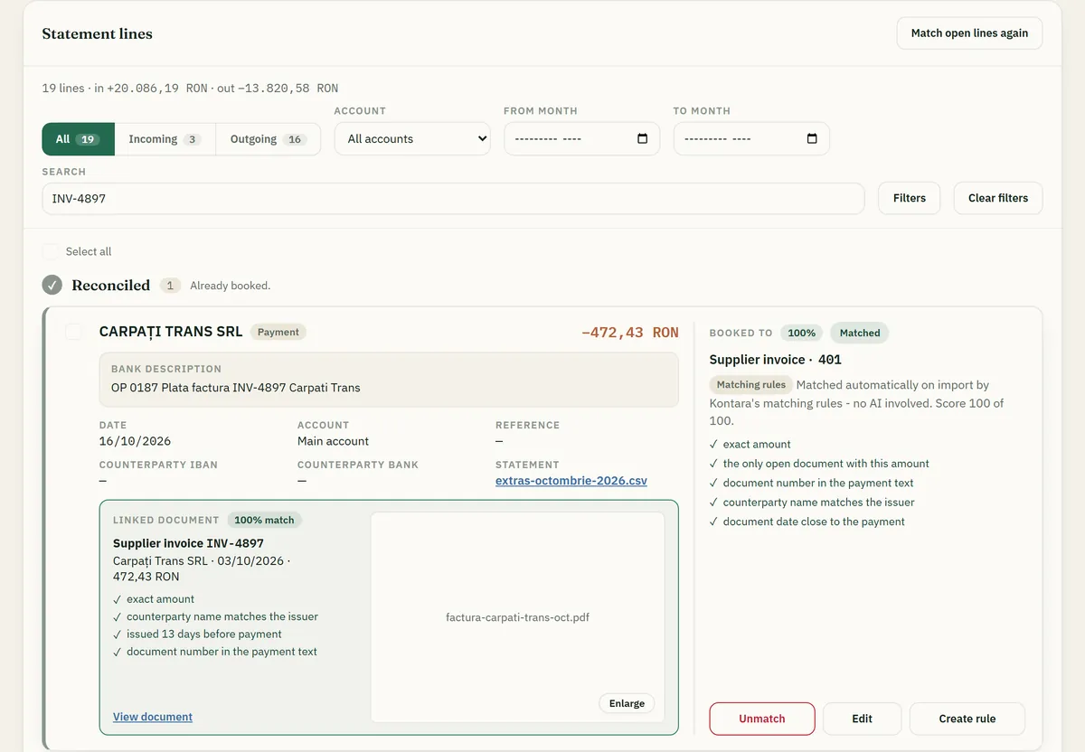 Kontara bank reconciliation: a supplier payment matched to its invoice, with the checks that fit listed (demo data).