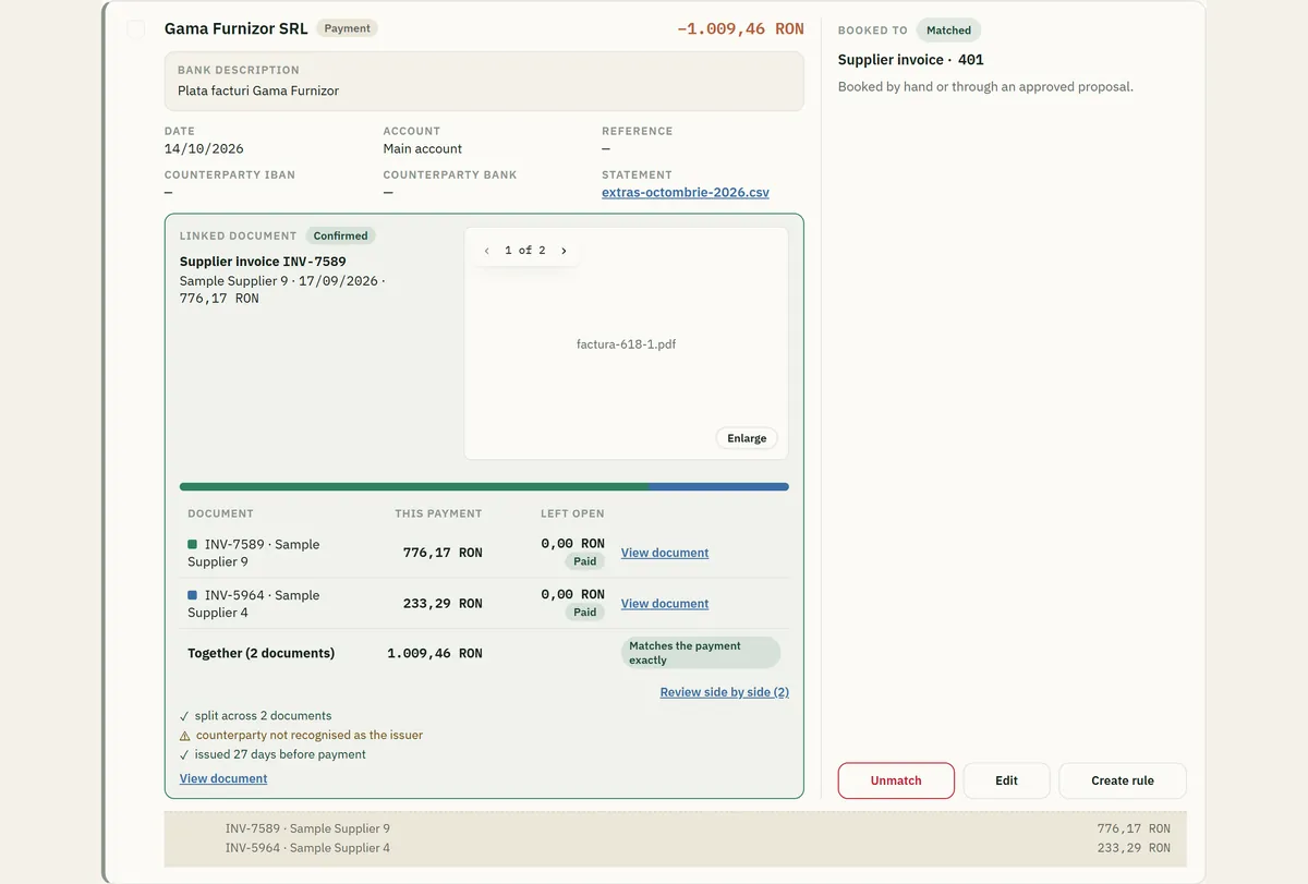 One payment split across two supplier invoices.