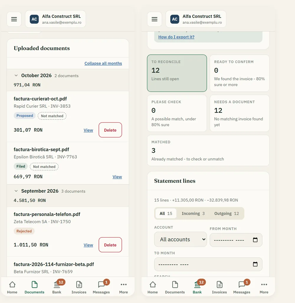 Two phone screens of the Kontara client app: uploaded documents and the bank overview.